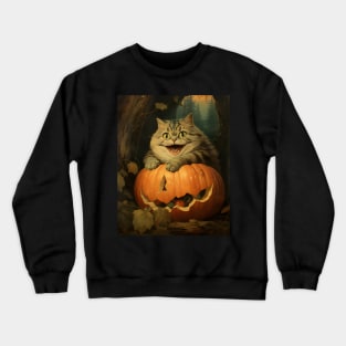 Retro Vintage: Chubby Cat and Pumpkin - Whimsical Autumn Halloween Delight Crewneck Sweatshirt